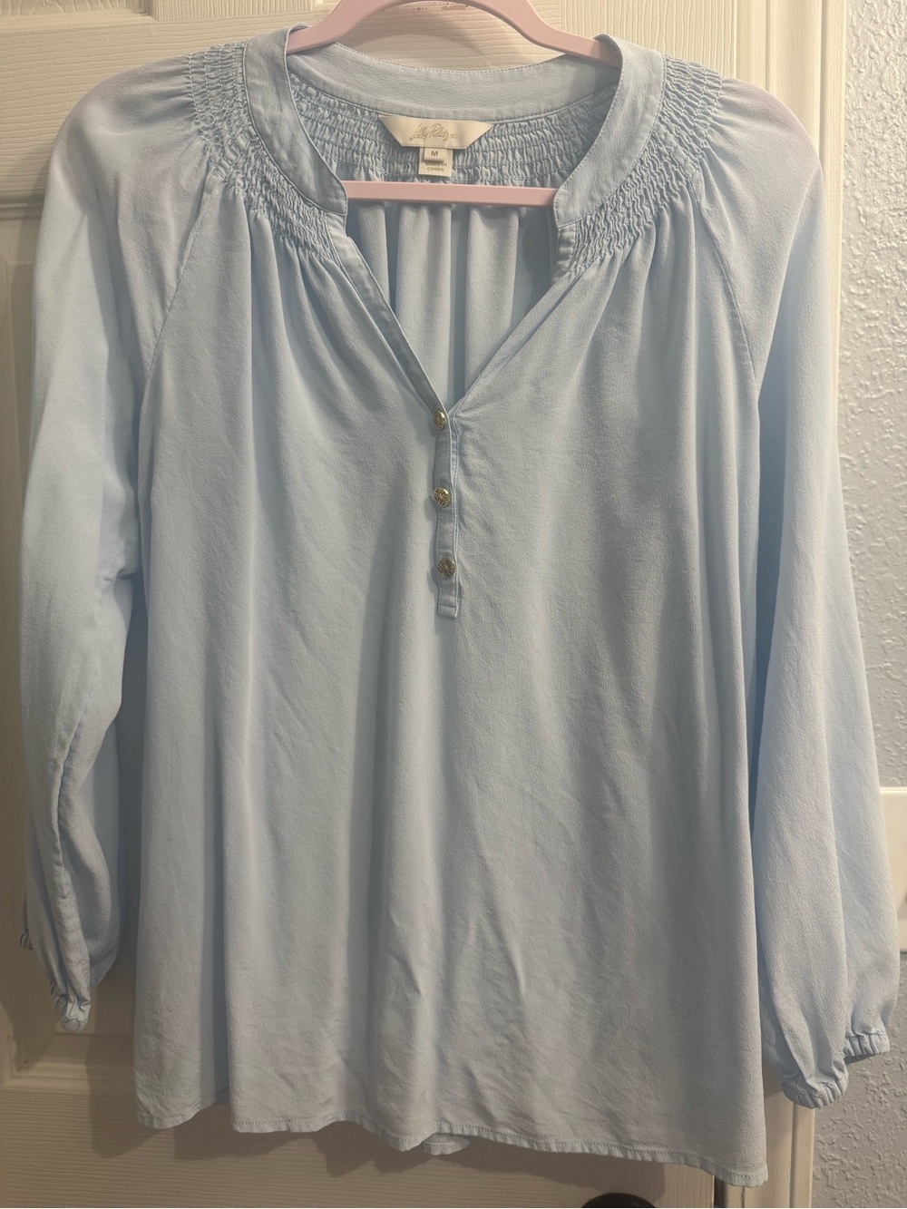 Lilly Pulitzer Light Blue Smocked Yoke Henley Tunic